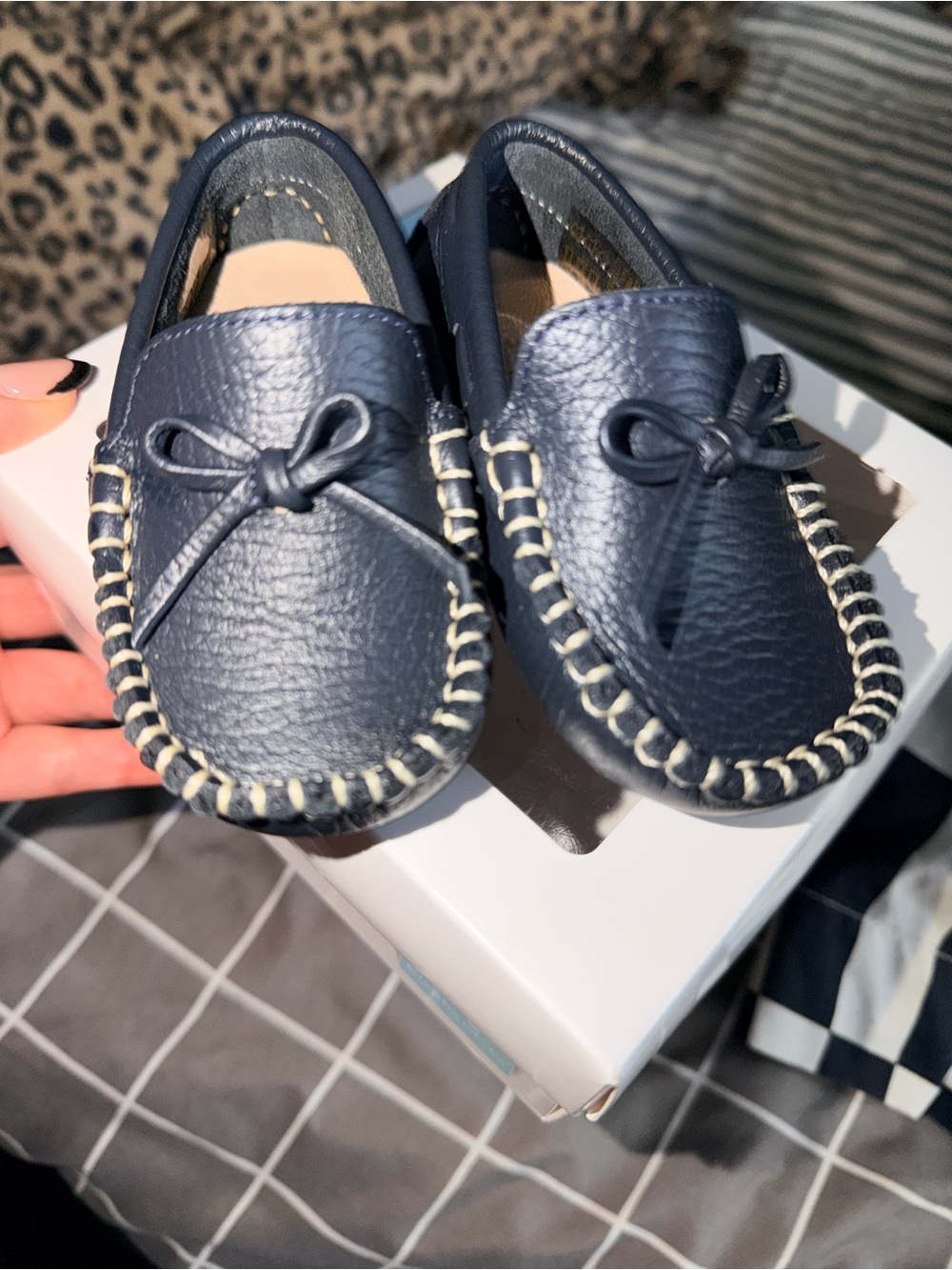 Elephantito Navy Leather Baby Moccasins with Contrast Stitch